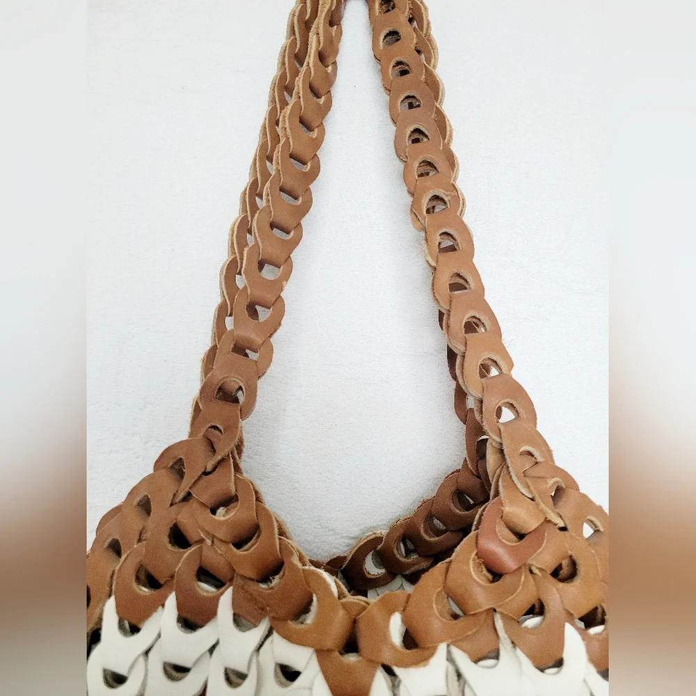 Genuine Braided Leather Boho Chic Hobo Bag Two-Tone Cognac/White